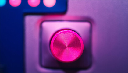 Neon pink button on control panel. Modern equipment.