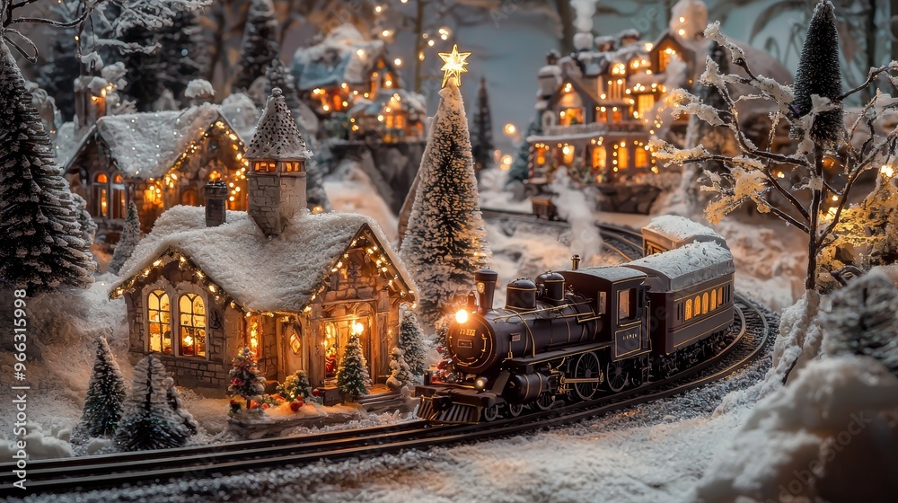 Charming Christmas Train Set in Miniature Winter Village with Snow ...