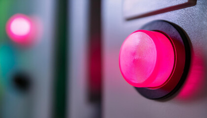 Neon pink button on control panel. Modern equipment.