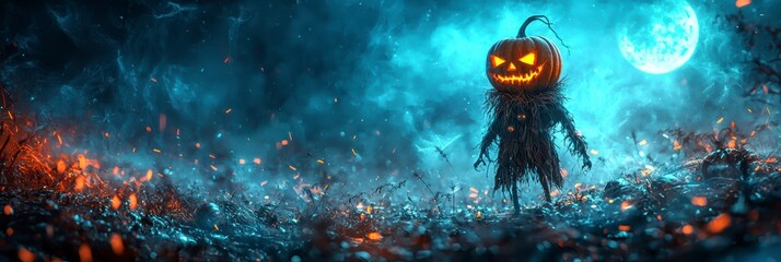 Wall Mural - A creepy scarecrow with a glowing pumpkin head standing in the moonlight in a creepy cemetery