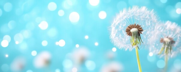 Poster - dandelions on blue blur bokeh light background