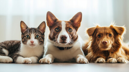 Three dogs and a cat are laying on the floor in front of a window