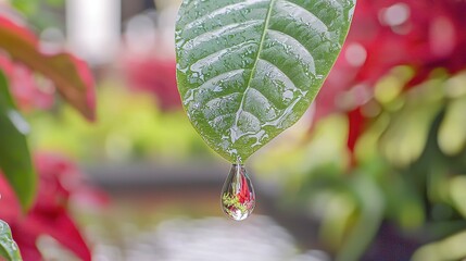 Wall Mural -   A lush green foliage with water droplet dangling from its edge and vibrant red blossoms surrounding the frame