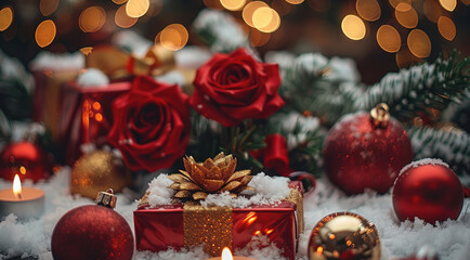 Christmas present with two gold hands on the side, red gift box in front of it and white snow around. Red Christmas balls and golden roses behind it. Candles burning nearby. The background is blurred.