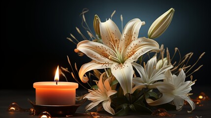 Beautiful lily and burning candle on dark background.