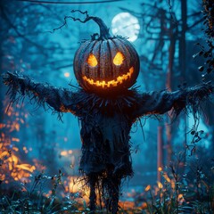 Wall Mural - A creepy scarecrow with a glowing pumpkin head standing in the moonlight in a creepy cemetery