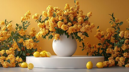 Poster -   A white vase overflowing with vibrant yellow blooms rests beside a heap of juicy lemons on a pristine pedestal, set against a backdrop of sunny yellow