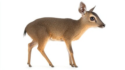 Wall Mural - elegant duiker poses in profile, highlighting its small body, distinctive short horns, and expressive features set against a pristine white backdrop.