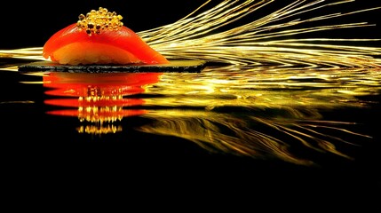 Canvas Print -   A macro shot of a dish on a dark plate with a mirror image of the meal reflected in it