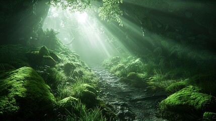 Poster -   Path in lush green forest, sunbeams shining through trees on other side