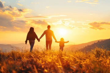 A family of three, a man, a woman and a child, are walking together in a field