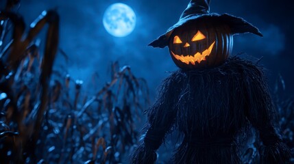 A creepy scarecrow with a glowing pumpkin head standing in the moonlight in a creepy cemetery