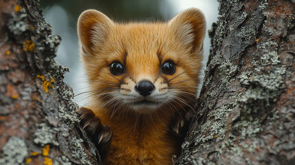 Poster -   A close-up shot of a tree trunk reveals a tiny creature poking its head through a hole in the bark