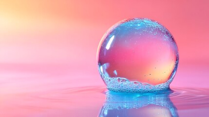 Canvas Print - A single clear sphere with blue and white bubbles sits on a pink and orange gradient background, reflecting the colours and creating ripples in the water.