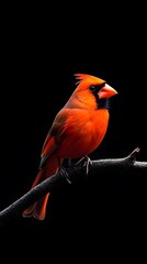 Northern Cardinal Bird Perched on a Branch on a Black Background, Realistic Photo, Wallpaper, Cover and Screen for Smartphone, PC, Laptop, 9:16 and 16:9 Format