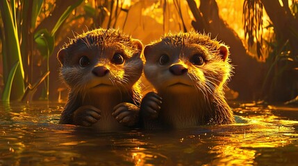 Poster -   A pair of otters in a body of water holding paws on each other's chest, facing the camera