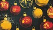 © Seyyar - Close up illustration of vibrant golden red and yellow Christmas ornaments on a dark surface