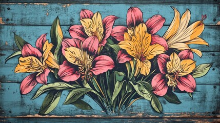 Wall Mural - Retro coloring book illustration featuring alstroemeria flowers arranged on a rustic wooden surface