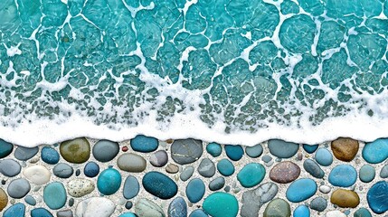 Poster -   A close-up of the beach reveals a wave approaching the shore, accompanied by a cluster of rocks scattered on the sandy shore