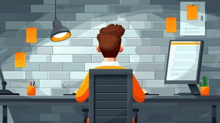 person working on a computer, study room, office, cartoon, art, illustration, wallpaper, background