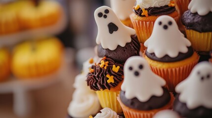 Sticker - A festive display of Halloween-themed cupcakes topped with ghost decorations.