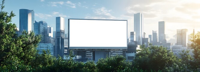 Wall Mural - 44. A billboard in a bustling tech hub with futuristic buildings and clear skies, emphasizing the white background