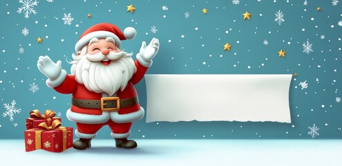 Greeting card with Santa Claus toy waving his hand, over a turquoise blue background with gift boxes and festive ornaments.