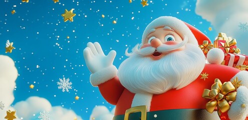 Three dimensional rendering of a cute smiling Santa Claus waving his hand. On a turquoise blue background there are gift boxes and festive ornaments.