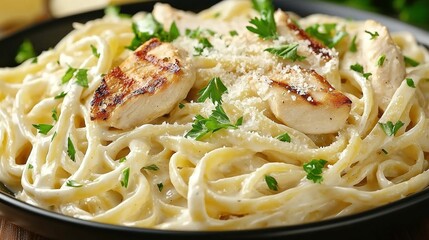 Canvas Print -   A plate of pasta topped with chicken, Parmesan cheese, and garnished with fresh parsley