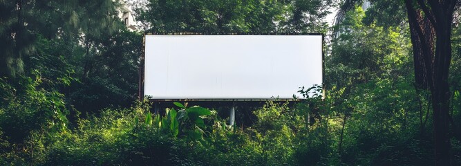 Wall Mural - 26. A billboard in a densely wooded forest with trees and foliage surrounding it, emphasizing the large white area