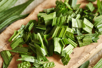 Poster - Chopped fresh ibwort plantain leaves - ingredient for homemade herbal syrup against cough