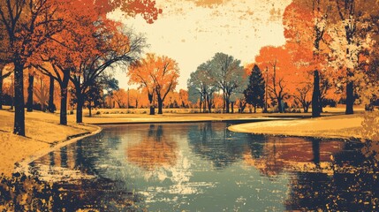 Autumn park scene with pond Seasonal fall landscape illustration Colorful fall nature backdrop Retro autumn nature design Tranquil water setting in autumn park