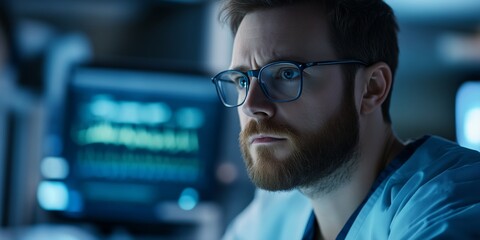 Aufkleber - A focused professional examines data on a monitor in a modern healthcare environment. The lighting is soft and cool, highlighting their dedication. 