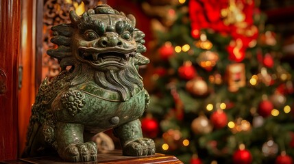 Wall Mural - Chinese green dragon on the Christmas tree toy with the New Year holiday background.