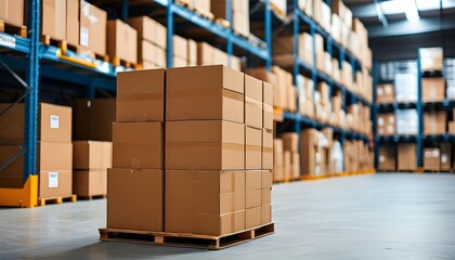 Organized cardboard boxes on warehouse shelves with a blurred backdrop