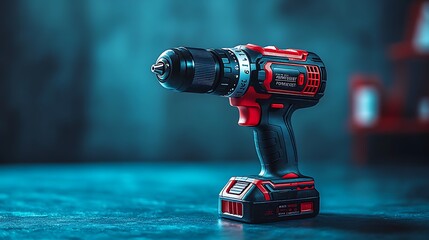 A black and red cordless drill with a blue background.