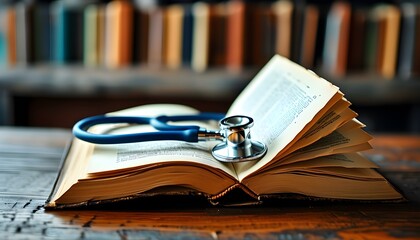 Medical knowledge intertwined with care: an open book and stethoscope on a desk