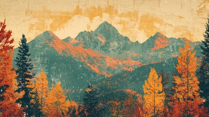 Retro illustration of a beautiful mountainous landscape featuring autumn foliage