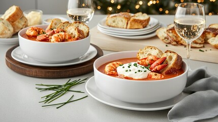 Poster -   A Christmas dinner table with shrimp soup, bread, and wine