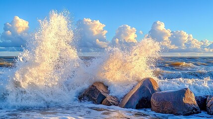 Canvas Print -   A wave crashing onto rocks in the sea, with a blue sky and white clouds overhead