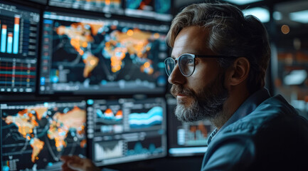 Leinwandbilder - A traditional e-commerce product manager analyzing global market trends on multiple screens in a modern office environment. Generative AI.