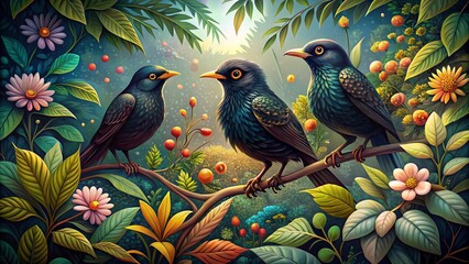 Whimsical illustrations of blackbirds perched on branches, amidst lush foliage, adorned with intricate details and