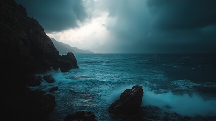 Poster -   A picturesque scene featuring a vast expanse of water adjacent to rugged terrain, all set against a backdrop of gloomy skies and crowned by a lighthouse perched