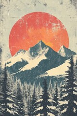 Wall Mural - Retro illustration of a beautiful majestic sunset in winter mountains with snow covered pine trees