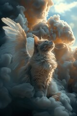 Wall Mural - A cat is sitting on a cloud of smoke, looking up at the sky