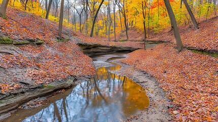 Poster -   A forest trail lined with vibrant orange and yellow leaves, with a clear stream flowing alongside