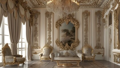 Opulent Baroque Room with Ornate Decor and Majestic Chandeliers in Extravagant Royal Palace Interior Design