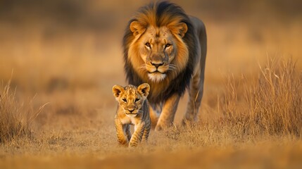 Wall Mural - Lion Walking with Cub in Nature, Realistic Photo, Wallpaper, Cover and Screen for Smartphone, PC, Laptop, 9:16 and 16:9 Format