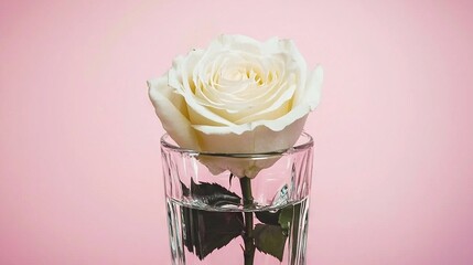 Canvas Print -   A solitary white rose in a glass of water against a pink backdrop, reflecting in the water below