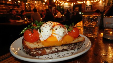  A white plate holds a slice of cheesy bread with poached eggs and sliced tomatoes on top